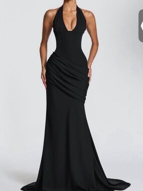Nehemia-Black Halter Ruched Maxi Evening Gown